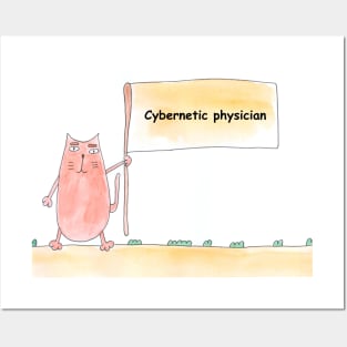 Cybernetic physician. Profession, work. Cat shows a banner with the inscription. Watercolor illustration. A gift for a professional. Posters and Art